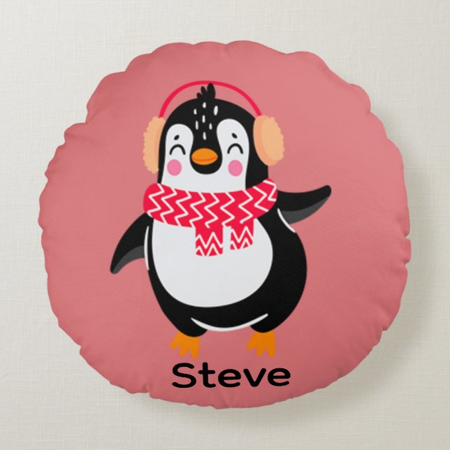 Almofada Redonda Pinguim Jolly Natal em Scarf com Malgas (Frente)