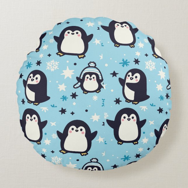 Almofada Redonda Pinguins Kawaii com flocos de neve de inverno sem  (Frente)