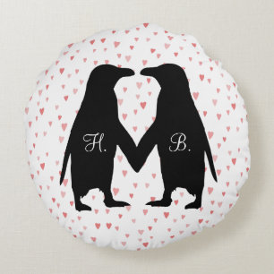 Almofada Redonda Pinguins no coxim do amor - adicione suas iniciais