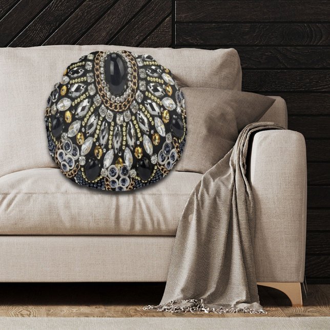 Almofada Redonda pinheiro-preto de-ouro-preto (girly glam art deco black gold bohemian round pillow)