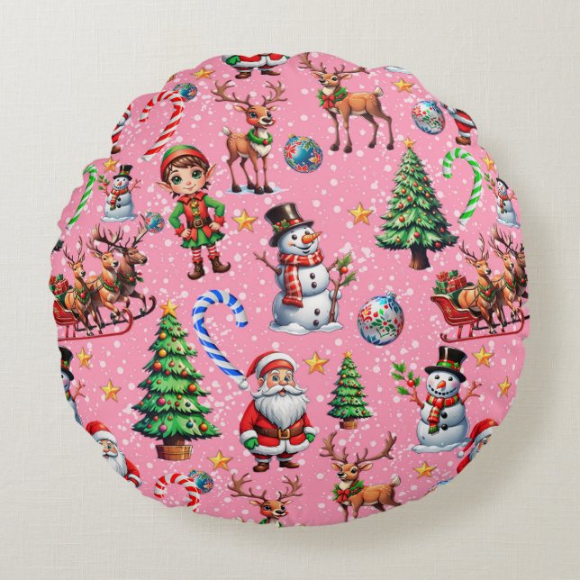 Almofada Redonda Pink Background Christmas Decorative Pattern (Frente)