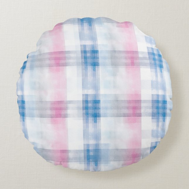 Almofada Redonda Pink Blue White Plaid Stripes (Frente)