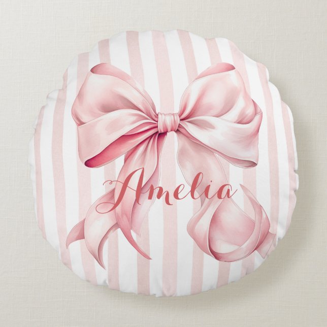 Almofada Redonda Pink Bow and Stripes Personalized (Frente)