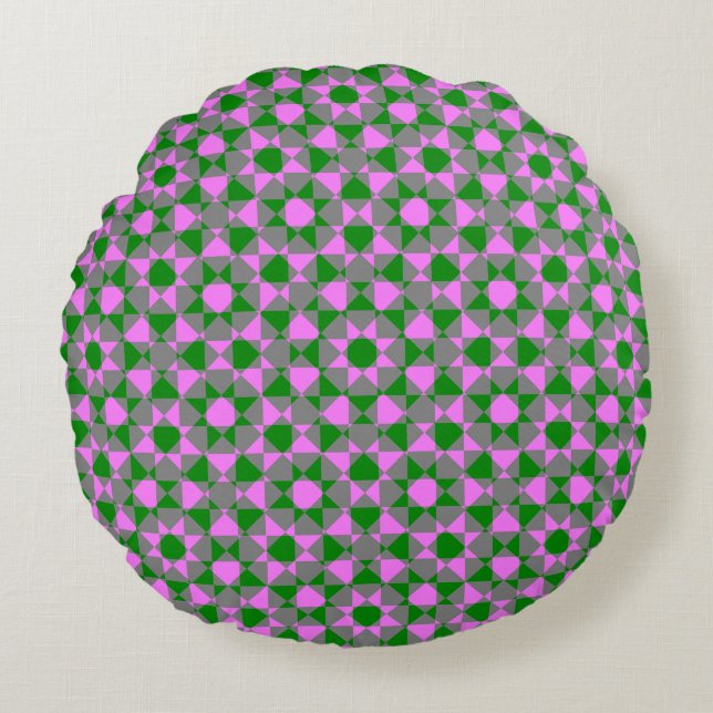 Almofada Redonda Pink Green Abstract Checker Square Pattern (Frente)
