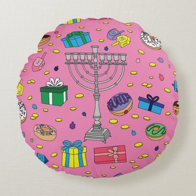 Almofada Redonda Pink Hanukkah Pattern (Frente)