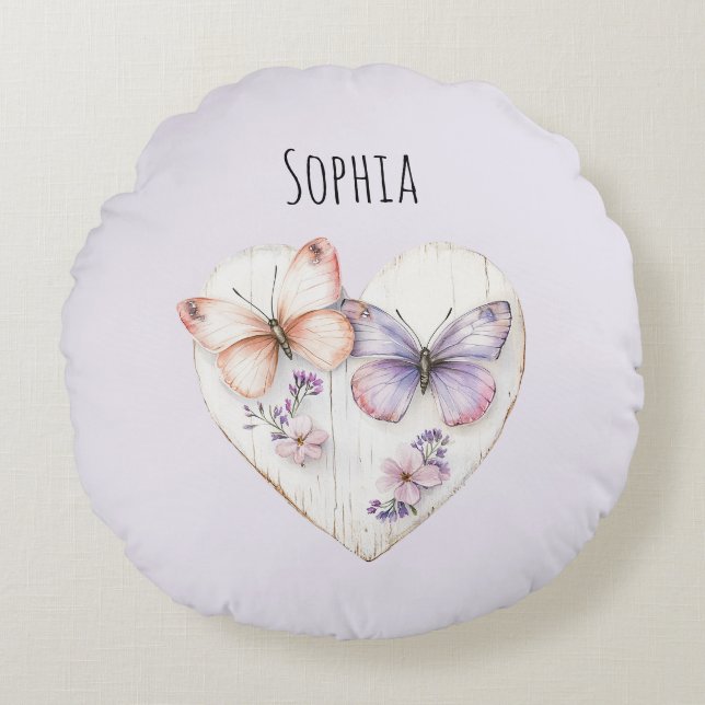 Almofada Redonda Pink Lavender Floral Heart Butterflies Birthday (Frente)