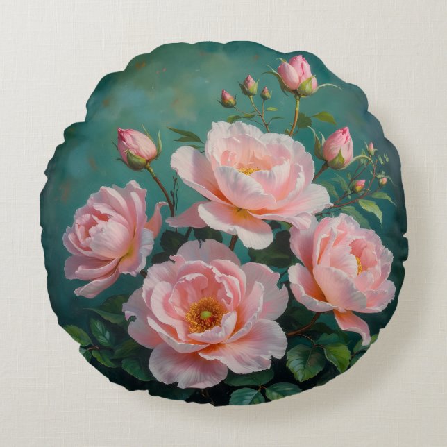 Almofada Redonda Pink Peonies Artwork on Emerald Green (Frente)