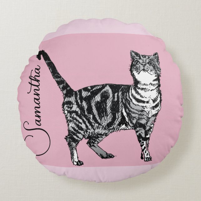 Almofada Redonda Pink Tabby Cat Cats Pink Girls Name Nursery (Frente)