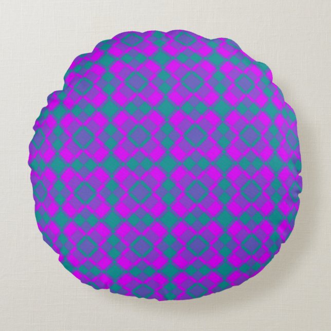 Almofada Redonda Pink Teal Purple Checker Argyle Pattern (Frente)