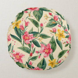 Almofada Redonda Pink Yellow Flowers, Florals, Green Stripes Round