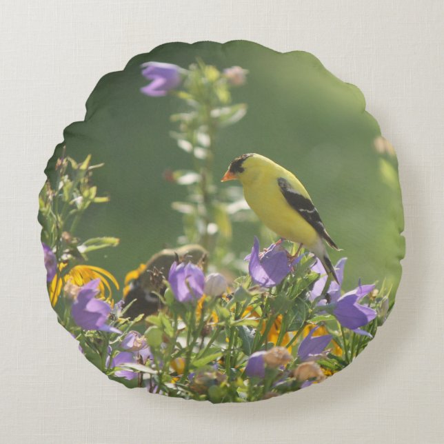 Almofada Redonda Pintassilgo em uma Flor de Campainha  (Frente)