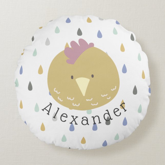 Almofada Redonda Pintinho de Cute de Nome Personalizável (Frente)