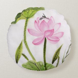 Almofada Redonda Pintura da aguarela da flor de Lotus 2
