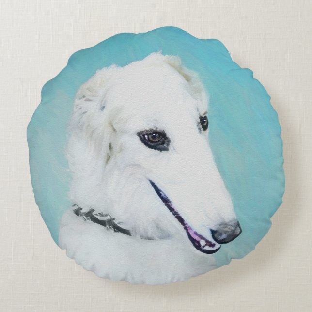 Almofada Redonda Pintura de Borzoi (branca) - Arte de Cachorro Orig (Verso)