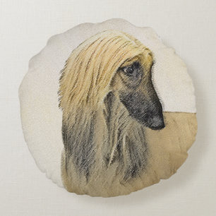 Almofada Redonda Pintura de Cachorro Afegão - Arte de Cachorro Orig