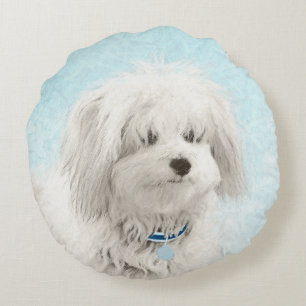 Almofada Redonda Pintura de Coton de Tulear - Arte de Cão Original