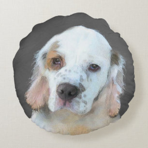 Almofada Redonda Pintura de Espanhol Clumber - Arte de Cachorro Ori