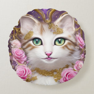 Almofada Redonda Pintura de Gatos Rosa Dourado Rosas