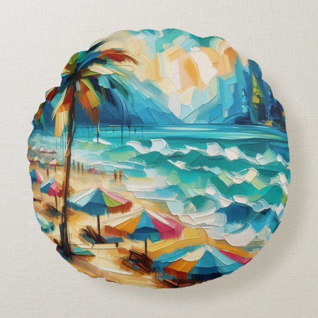 Almofada Redonda Pintura de guarda-chuvas de praia tropical (Frente)