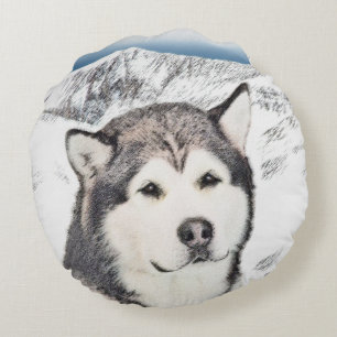 Almofada Redonda Pintura de Malamute no Alasca - Arte de Cachorro O