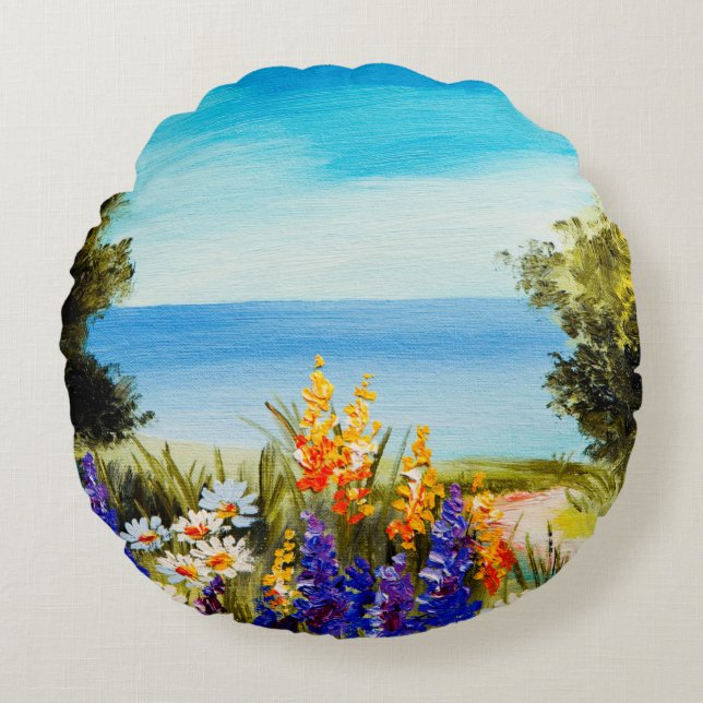 Almofada Redonda pintura de óleo de flores perto do mar, campo de c (Frente)
