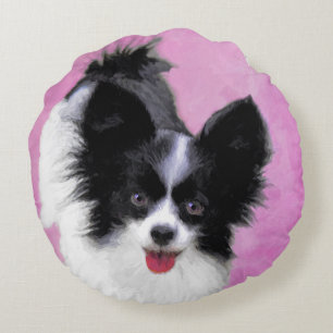 Almofada Redonda Pintura de Papillon (Branco e Preto) - Arte Canina
