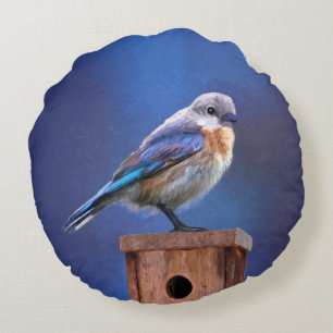 Almofada Redonda Pintura de pássaro-azul (feminina) - Arte de pássa