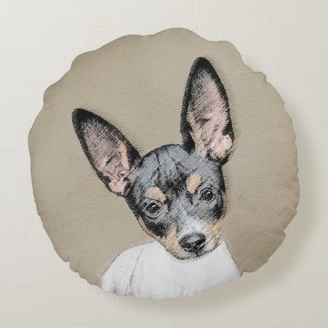 Almofada Redonda Pintura de Rat Terrier - Arte de Cachorro Original (Verso)