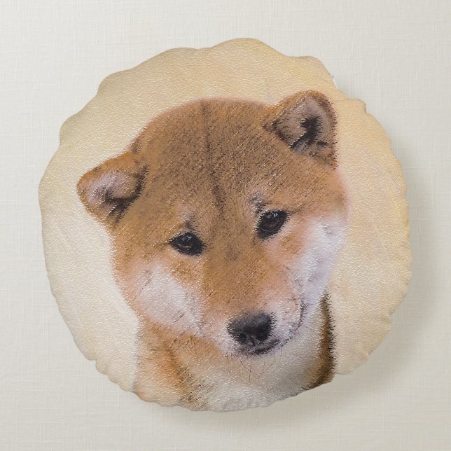 Almofada Redonda Pintura de Shiba Inu (Vermelho) - Arte de Cachorro (Verso)