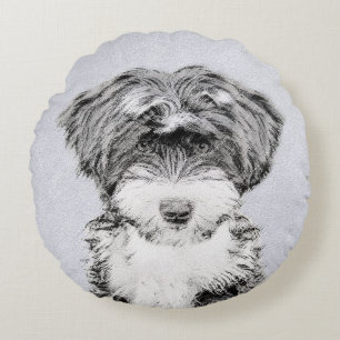 Almofada Redonda Pintura de Terrier Tibetano - Arte de cão original
