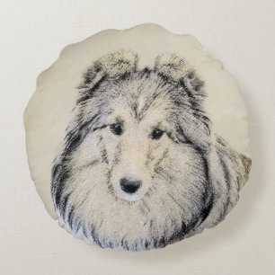 Almofada Redonda Pintura do Sheepdog de Shetland - arte original