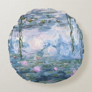 Almofada Redonda Pintura Impressionista de Lírios Aquáticos de Clau