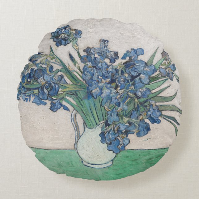 Almofada Redonda Pintura Impressionista Vaso de Íris de Van Gogh (Frente)