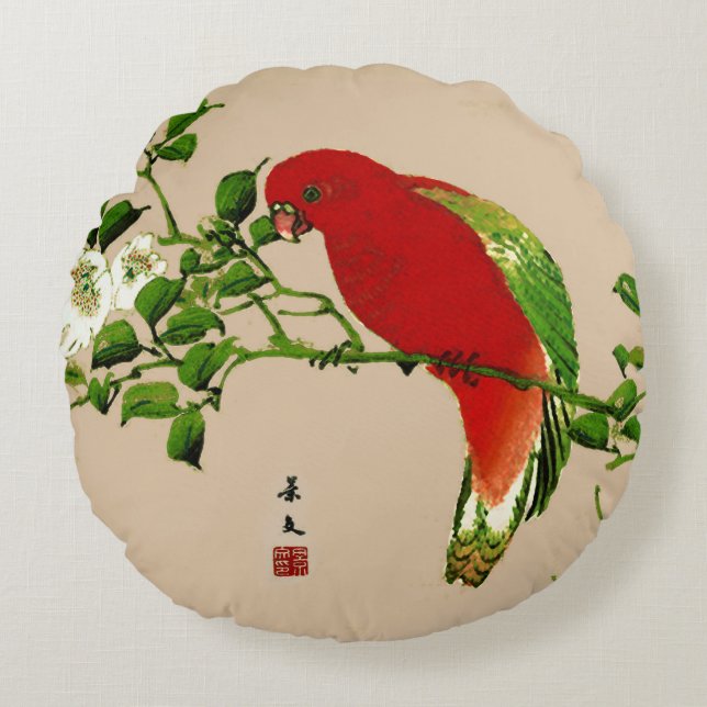Almofada Redonda Pintura japonesa de papagaio, vermelho e verde (Frente)