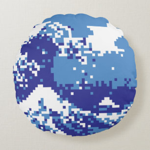Almofada Redonda Pixel Tsunami Blue 8 Bits Pixel Art