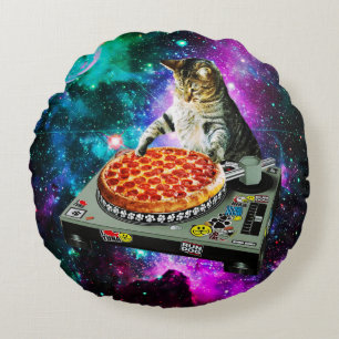 Almofada Redonda Pizza do gato do DJ do espaço