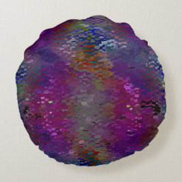 Almofada Redonda Placas de cor rosa a escamosas coloridas e folhas 