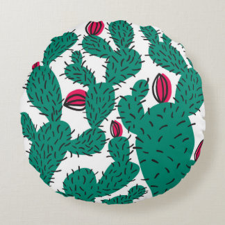 Almofada Redonda Planta de cactus, padrão verde vintage sem costura