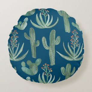 Almofada Redonda Plantas de succulto e saguaro cactos em azul
