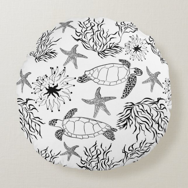 Almofada Redonda Plantas de tartaruga oceânica submarina sem água (Frente)