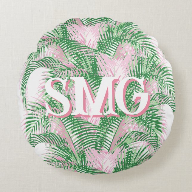 Almofada Redonda Plume Palm Fronds in Pink + Green Personalized (Frente)