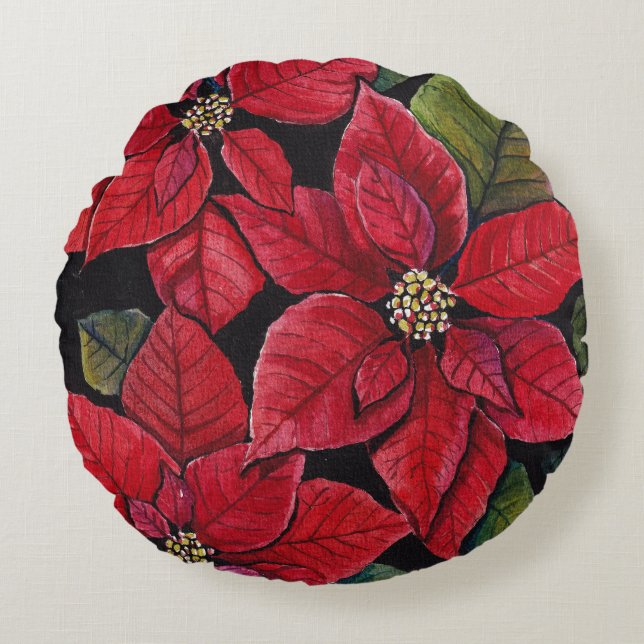 Almofada Redonda Poinsettia Vibrante Em Aquarela (Frente)