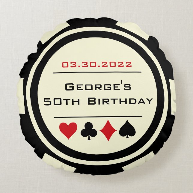 Almofada Redonda Poker Chip Style Black and Creamy White Birday (Frente)