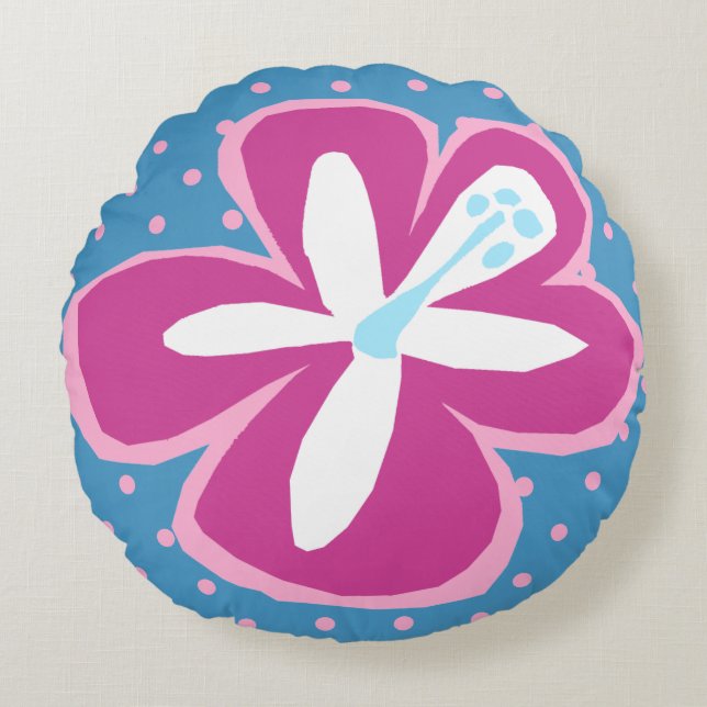 Almofada Redonda Pokii Havaiano Aloha Hibiscus Bolinhas Reversível (Frente)