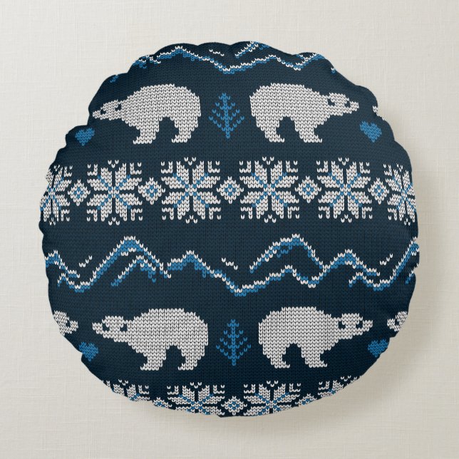 Almofada Redonda Polar Bears Knted Winter Patterno (Frente)