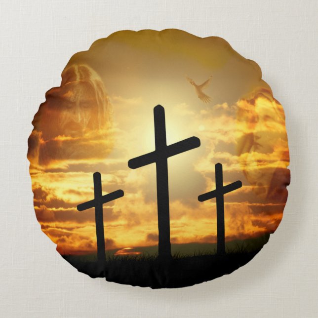 Almofada Redonda Pomba abençoada Jesus Cristo Calvery da Virgem (Frente)