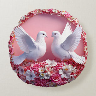Almofada Redonda Pombas Brancas Casamento Pássaros do Amor Romântic