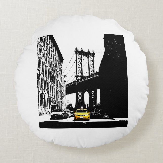 Almofada Redonda Ponte Nova Iorque Nyc Yellow Taxi Brooklyn (Frente)