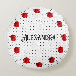 Almofada Redonda Ponto de Bolinhas Floral Vermelho Personalizado