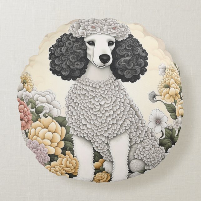 Almofada Redonda Poodle em Flores Caprichosas  (Frente)